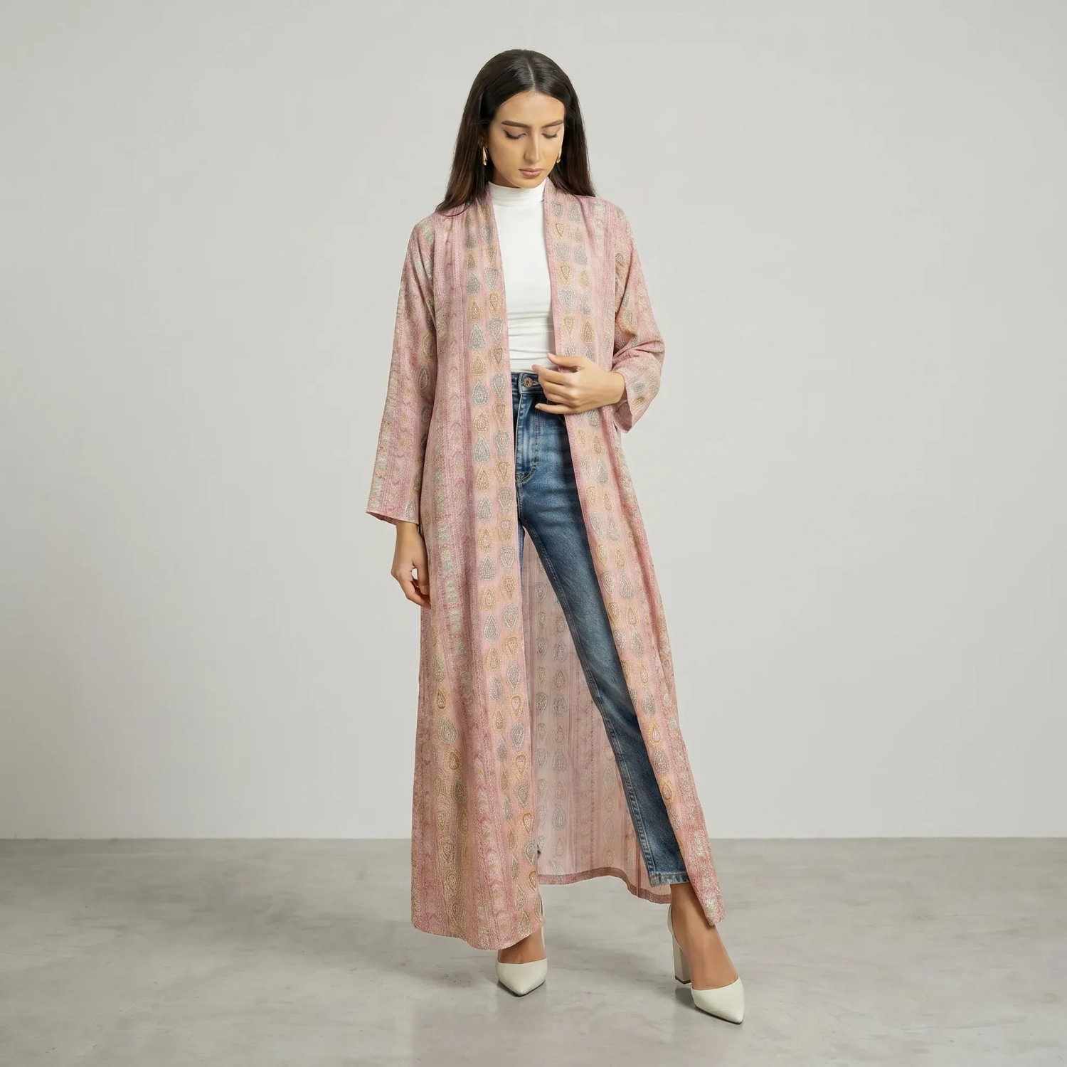 Women's Elegant Regular-Fit Open Kimono - Paisley Embroidery &amp; Beaded, Formal Gatherings - Blush Pink